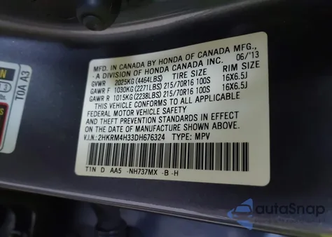 2013 Honda Cr-V Lx из США, поврежденный, VIN 2HKRM4H33DH676324